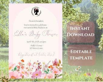 Bridgerton Themed Girl Baby Shower Invitation Template, Pink Floral Baby Shower, Bows, Vintage, Regency Era, Instant Digital Download, 5x7