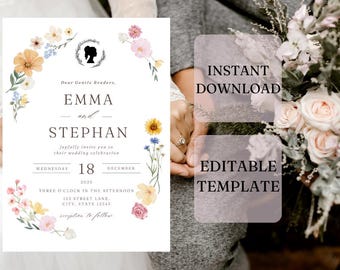 Bridgerton Theme Floral Wedding Invitation Template, Regency Era, Bridal Invite, Classic Wedding, Tea Party, Instant Digital Download, 5x7