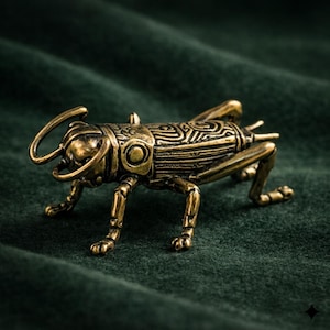 May include: A detailed brass cricket figurine with etched patterns on its back and head. The insect has six legs and curved antennae, and is posed on a dark green velvet surface. The cricket is a decorative item.