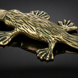 May include: A detailed, bronze-colored platypus figurine. The sculpture features a textured body, webbed feet, and a duck-like bill. The figurine is displayed on a reflective black surface.