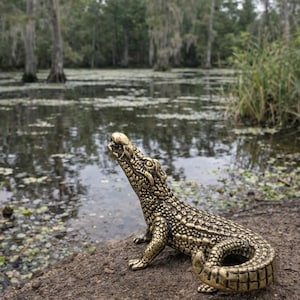 Peut inclure: Une figurine de crocodile dorée et détaillée, avec des écailles texturées, posée avec la tête levée. La sculpture est placée sur un fond d'environnement marécageux avec des arbres et de l'eau, créant une scène naturaliste.