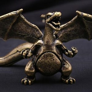Miniature Solid Brass Dragon 5.6cm Wide, Golden Brass Dragon Figurine with Outstretched Wings