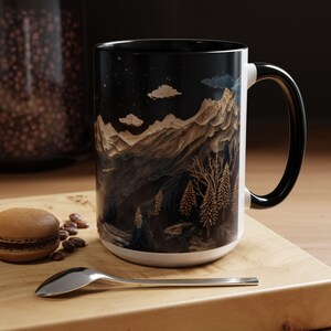 Mountain Forest Night Mug Nature-Inspired Ceramic Coffee Cup, Moonlit Pine Tree Landscape Gift for Outdoors Lovers