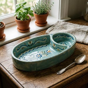 May include: A turquoise ceramic serving dish with two compartments, one oval and one round. The dish is decorated with floral and wave patterns in blue, white, and orange. A silver spoon rests on the wooden surface.