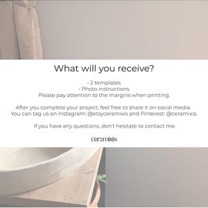 May include: A white ceramic oval-shaped vessel sits on a wooden surface. The image includes text: "What will you receive?" followed by details about templates and photo instructions. The text also includes social media handles.