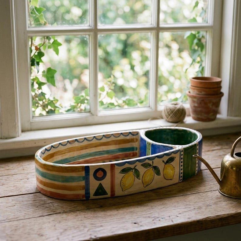 May include: Hand-painted ceramic planter with a divided design. The planter features a section with colorful horizontal stripes and another with lemon illustrations. The background includes a window with greenery, a watering can, and terracotta pots.