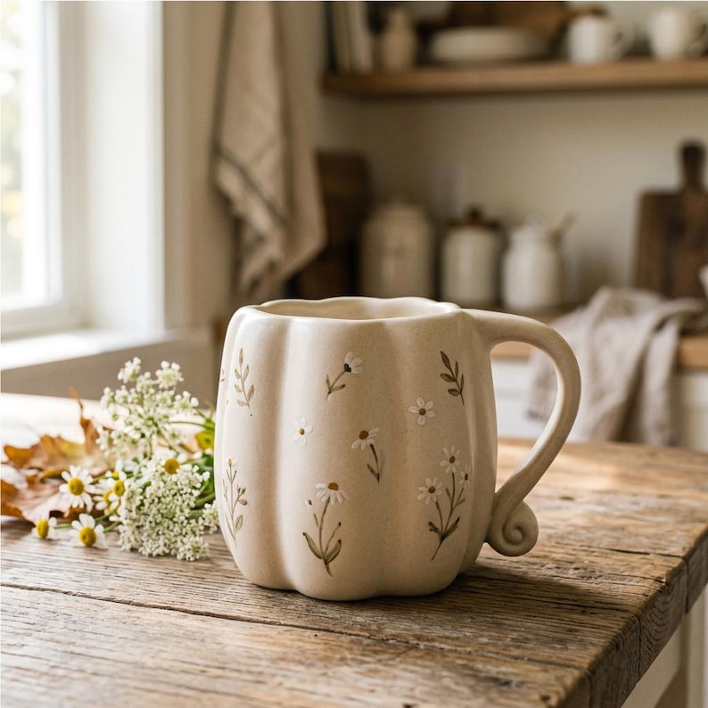 May include: A beige ceramic mug shaped like a pumpkin with a scalloped rim and a curved handle. The mug features a hand-painted pattern of small white daisy flowers with green stems and leaves scattered across its exterior surface.