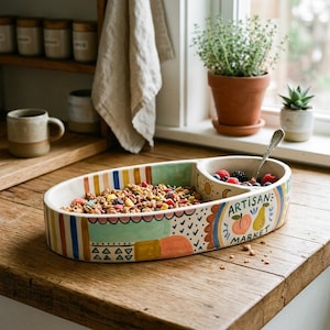 May include: A ceramic serving dish with two connected sections. One section contains granola, the other berries. The dish is decorated with colorful stripes, shapes, and the words "ARTISAN MARKET" with fruit illustrations. A spoon rests in the berry section.