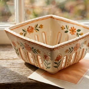 May include: Cream-colored ceramic berry basket with a square shape and slotted sides. The basket is decorated with orange and pink floral patterns and green leaves. It sits on a wooden surface near a window.