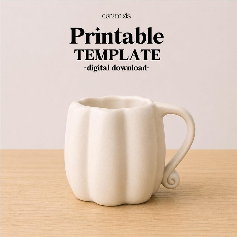 May include: A cream-colored ceramic mug with a pumpkin-like ribbed shape and a curved handle. Above the mug, the text reads: ceramixis, Printable TEMPLATE, digital download. The design features a smooth finish and a rounded base.