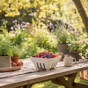 May include: A wooden picnic table outdoors, laden with fresh berries in a white square bowl. Strawberries sit on a wooden tray. Potted herbs and flowers, and a mug are also on the table. Soft sunlight and a garden background.