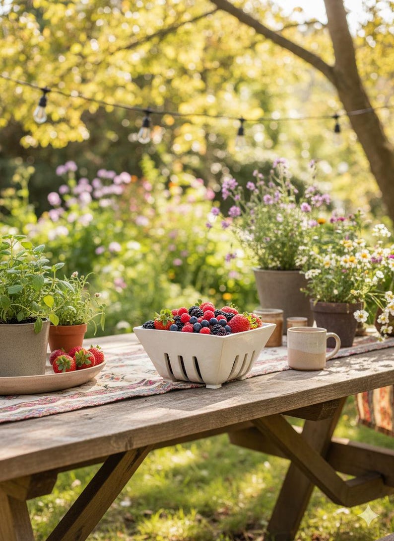 May include: A wooden picnic table outdoors, laden with fresh berries in a white square bowl. Strawberries sit on a wooden tray. Potted herbs and flowers, and a mug are also on the table. Soft sunlight and a garden background.