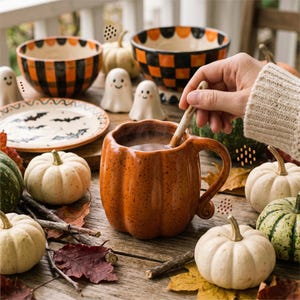 May include: A ceramic pumpkin-shaped mug with a speckled orange glaze, filled with a dark beverage and stirred with a wooden spoon. The mug is surrounded by small white and green pumpkins, ghost figurines, a bat-patterned plate, and bowls.