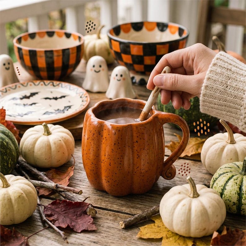 May include: A ceramic pumpkin-shaped mug with a speckled orange glaze, filled with a dark beverage and stirred with a wooden spoon. The mug is surrounded by small white and green pumpkins, ghost figurines, a bat-patterned plate, and bowls.