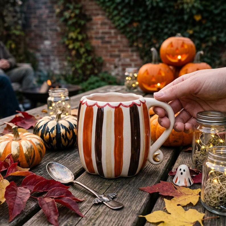 May include: A ceramic mug with vertical stripes in shades of orange, cream, and dark brown, featuring a scalloped rim and a handle with a small crescent moon detail. The mug is placed on a wooden surface alongside a silver bat-shaped spoon.