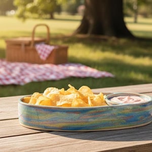 May include: A ceramic serving dish with a blue, yellow, and green marbled design. The dish is filled with golden potato chips and a small bowl of pink dip. A picnic basket and blanket are in the background.