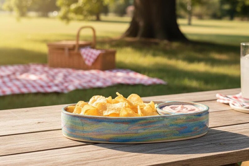 May include: A ceramic serving dish with a blue, yellow, and green marbled design. The dish is filled with golden potato chips and a small bowl of pink dip. A picnic basket and blanket are in the background.