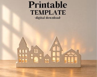 Christmas Village Tealight Holder Pottery Template, Ceramic Slab Building, Christmas Home Decor, Digital Download