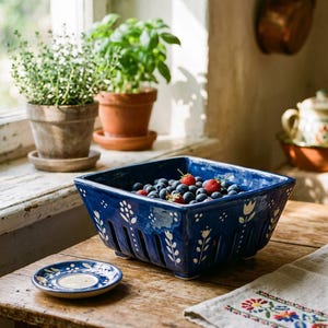 May include: A square, navy blue ceramic berry basket filled with blueberries and strawberries. The basket has a floral design and sits on a wooden table next to a small plate and a linen napkin with embroidered flowers. Potted herbs are in the background.