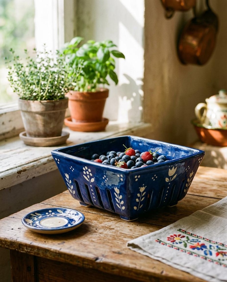 May include: A square, navy blue ceramic berry basket filled with blueberries and strawberries. The basket has a floral design and sits on a wooden table next to a small plate and a linen napkin with embroidered flowers. Potted herbs are in the background.