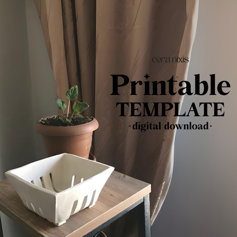 May include: A square, white ceramic basket with vertical cutouts sits on a wooden table. A small potted plant is behind the basket. The image includes the text "Printable TEMPLATE + digital download."
