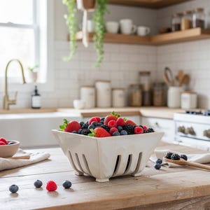 May include: A square, white ceramic berry basket filled with fresh strawberries, raspberries, and blueberries. The basket sits on a wooden table, with a small bowl of berries and a wooden spoon nearby. The kitchen background includes shelves and a window.