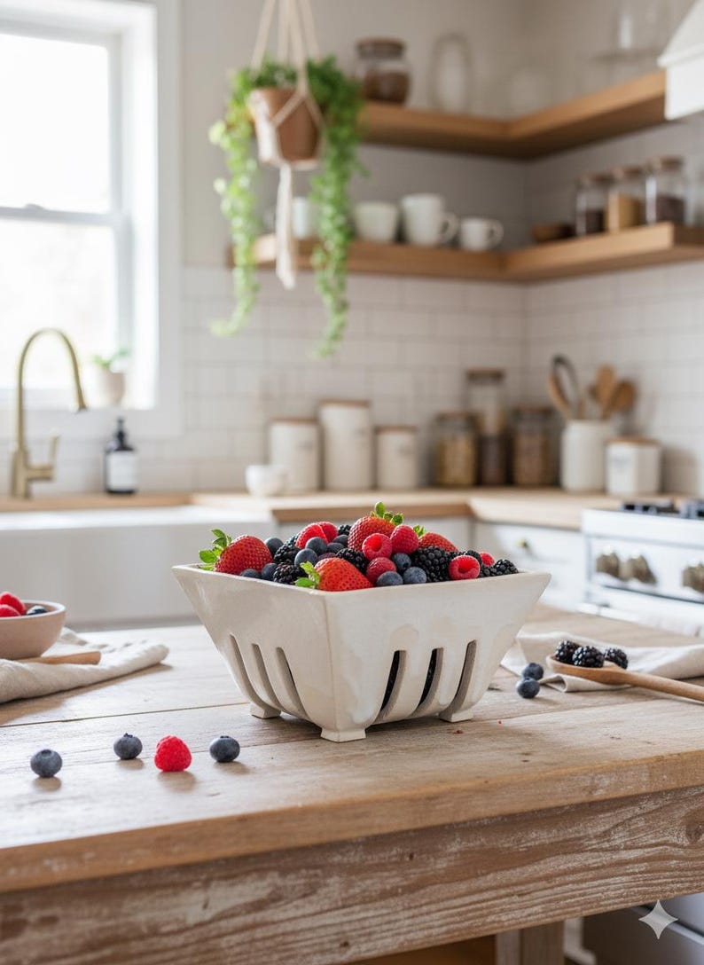 May include: A square, white ceramic berry basket filled with fresh strawberries, raspberries, and blueberries. The basket sits on a wooden table, with a small bowl of berries and a wooden spoon nearby. The kitchen background includes shelves and a window.