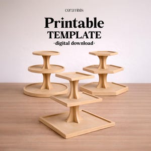 May include: Four beige tiered display stands with different geometric shapes. The stands have round, square, and hexagonal top tiers. The text "Printable TEMPLATE - digital download-" is at the top.