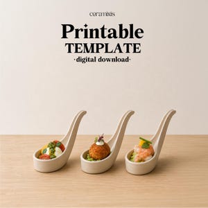 May include: Three off-white ceramic tasting spoons arranged in a row, each containing a small appetizer. The text above reads ceramixis Printable TEMPLATE digital download. The spoons have long, curved handles and a deep, oval-shaped bowl.