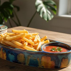 May include: A ceramic serving dish with two compartments, one filled with golden french fries and the other with red dipping sauce. The dish has a blue and yellow glazed finish, and sits on a wooden table.