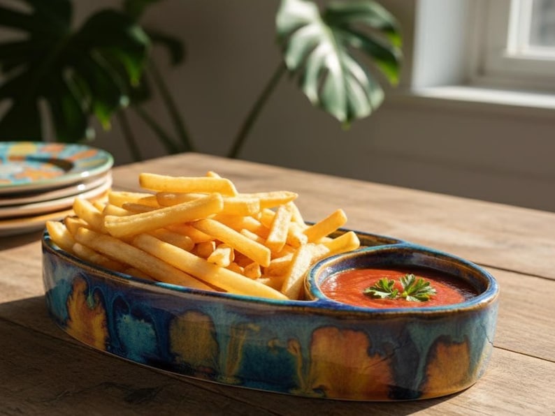 May include: A ceramic serving dish with two compartments, one filled with golden french fries and the other with red dipping sauce. The dish has a blue and yellow glazed finish, and sits on a wooden table.
