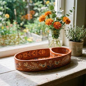 May include: A terracotta-colored ceramic serving dish with two compartments. The oval dish is decorated with a floral and bird design in white and blue. The dish sits on a wooden surface near a window with flowers and plants.