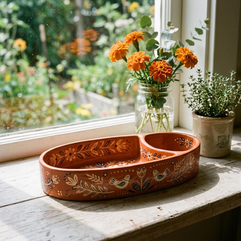 May include: A terracotta-colored ceramic serving dish with two compartments. The oval dish is decorated with a floral and bird design in white and blue. The dish sits on a wooden surface near a window with flowers and plants.