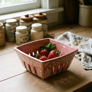 May include: A square, pink ceramic berry basket filled with fresh strawberries and mint leaves. The basket has decorative white floral patterns and vertical slots. The basket sits on a wooden surface.