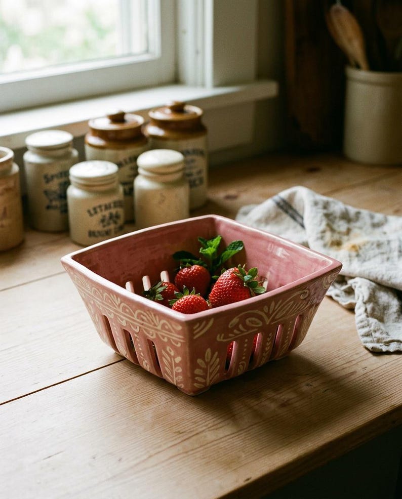 May include: A square, pink ceramic berry basket filled with fresh strawberries and mint leaves. The basket has decorative white floral patterns and vertical slots. The basket sits on a wooden surface.