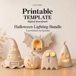 May include: A digital download printable template bundle for Halloween lighting featuring five beige ceramic-style decorations: a witch hat, a bat, a pumpkin, a ghost, and a second ghost figure, all illuminated with small tea lights from within.