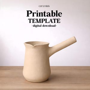 May include: A beige ceramic coffee pot with a long, horizontal handle. The pot has a rounded base and a slightly flared rim. The text "Printable TEMPLATE - digital download - ceramixis" is at the top.