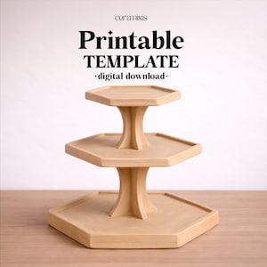 May include: A three-tiered, beige serving stand with a hexagonal design. The stand is made of a solid material and features a central support column for each tier. The top of the image has the text "ceramixis" and "Printable TEMPLATE • digital download."