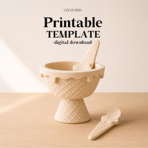 May include: A beige ceramic ice cream bowl with a waffle cone texture and a matching spoon. The text reads: ceramixis Printable TEMPLATE digital download. The bowl features a scalloped rim resembling melting ice cream and a conical base.