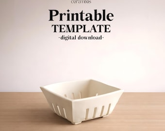 May include: A white ceramic square berry basket with vertical slits on the sides and small feet. The text above reads ceramixis Printable TEMPLATE digital download.
