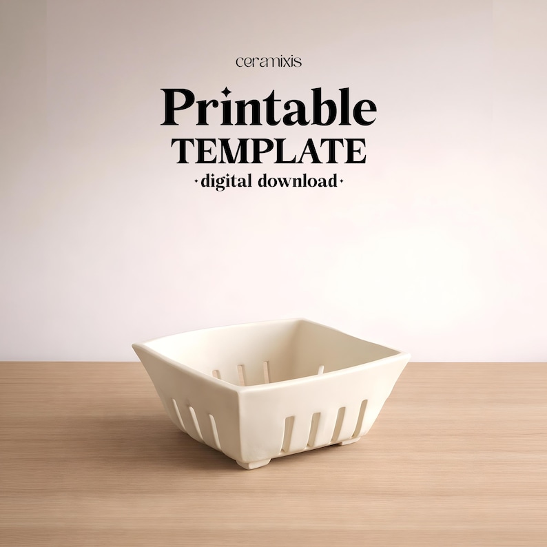 May include: A square, off-white ceramic bowl with vertical slots on the sides. The bowl sits on a light wood surface. The image includes the text "ceramixis" and "Printable TEMPLATE - digital download -."