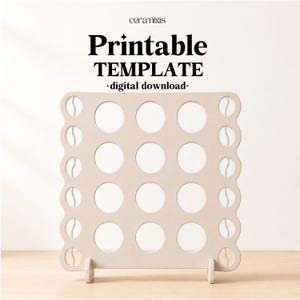 Può includere: Un modello stampabile in legno beige con una griglia di fori circolari. Il modello ha un bordo smerlato decorativo ed è supportato da due piccoli piedini. Il testo "Printable TEMPLATE - digital download-" è visualizzato in alto.
