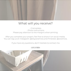 May include: A white rectangular ceramic basket with vertical slots sits on a light wood table. Text on a white background reads "What will you receive?" followed by details about templates and photo instructions. The text also includes social media handles.