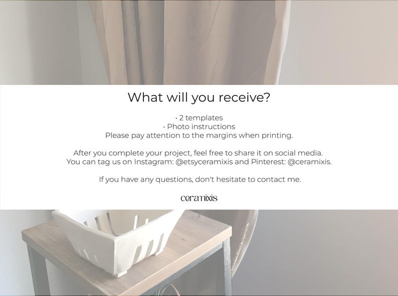 May include: A white rectangular ceramic basket with vertical slots sits on a light wood table. Text on a white background reads "What will you receive?" followed by details about templates and photo instructions. The text also includes social media handles.