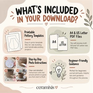 May include: An informational graphic titled WHAT'S INCLUDED IN YOUR DOWNLOAD? featuring sections for printable pottery templates, A4 and US Letter PDF files, step-by-step photo instructions for clay projects, and beginner-friendly guidance.