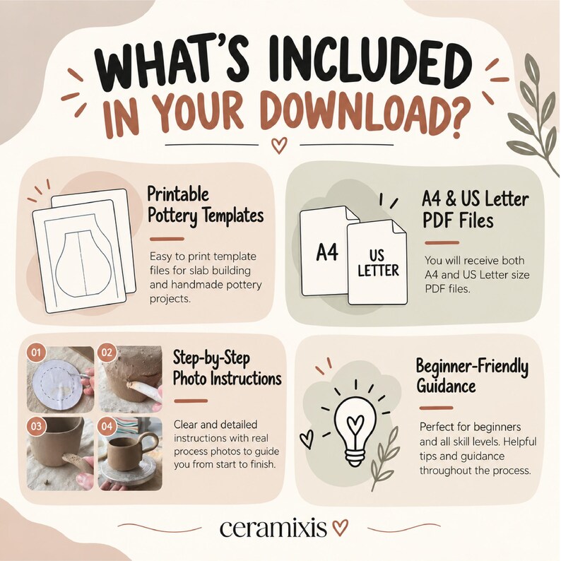 May include: An informational graphic titled WHAT'S INCLUDED IN YOUR DOWNLOAD? featuring sections for printable pottery templates, A4 and US Letter PDF files, step-by-step photo instructions for clay projects, and beginner-friendly guidance.