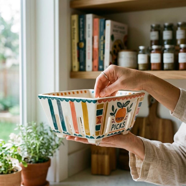 May include: A white ceramic basket with colorful vertical stripes and a scalloped rim. The basket features an orange illustration with the words "Fresh Picks". The basket is held by a person.