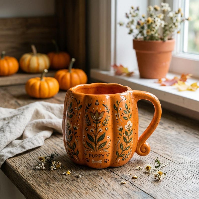 May include: An orange ceramic mug shaped like a pumpkin with a scalloped rim and a curved handle. The mug features painted green and white floral patterns, the word "PUPPY" in black text, and a small bone icon near the base.