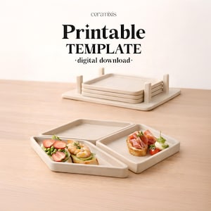 Puede incluir: Platos cuadrados y triangulares beige con comida, apilados en una bandeja rectangular. La imagen incluye el texto "Printable TEMPLATE - digital download-" en fuente negra. Los platos están dispuestos sobre una superficie de madera clara.