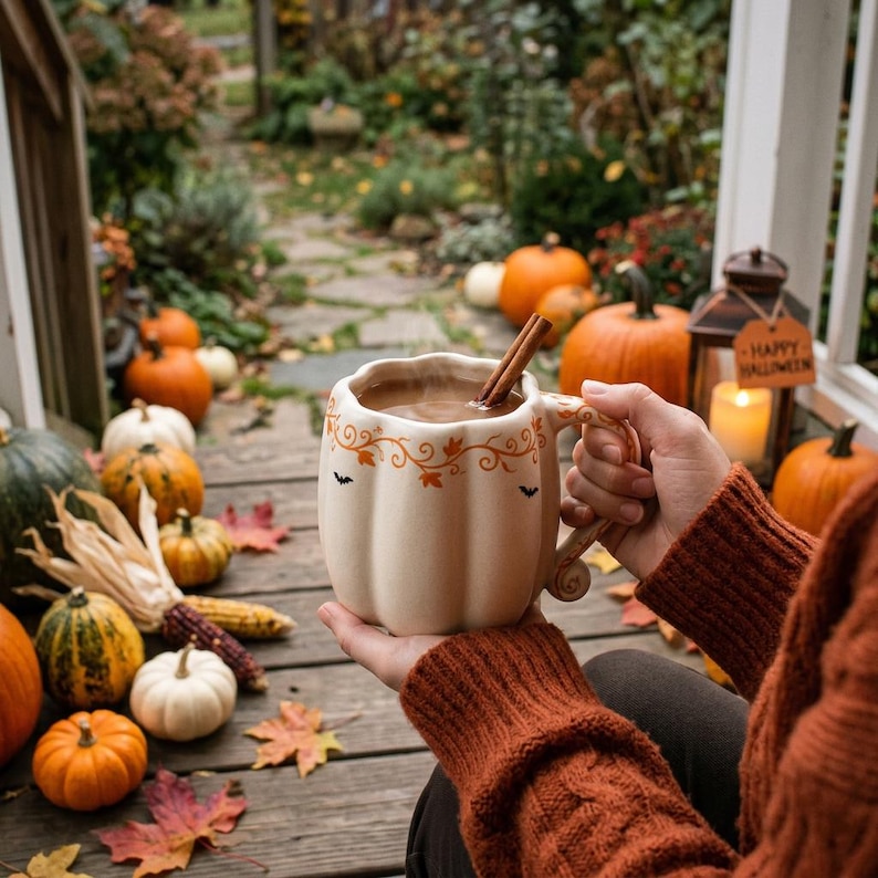 May include: A cream-colored ceramic mug shaped like a pumpkin with a scalloped rim, featuring orange vine illustrations and small black bat icons. The mug has a curved handle and contains a dark liquid with a cinnamon stick protruding from the top.